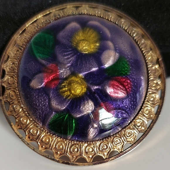 Glass Dome Floral Gilt Lacquer Work Vintage Brooch Pin Pendant c1960s - Picture 8 of 12